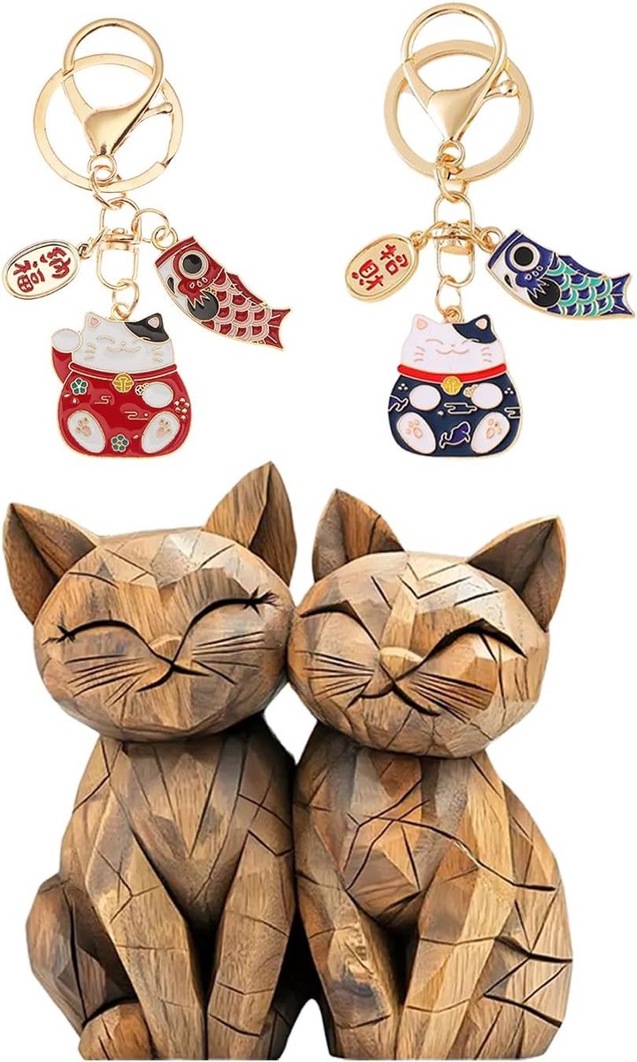 1 Stuk Gesneden Ornamenten Voor Paren Katten Gemaakt Van Hout, 2 Stukken Sleutelhangers Voor Gelukskatten, Ornamenten Voor Huisdecoratie, Geschenken Voor Dierenliefhebbers.