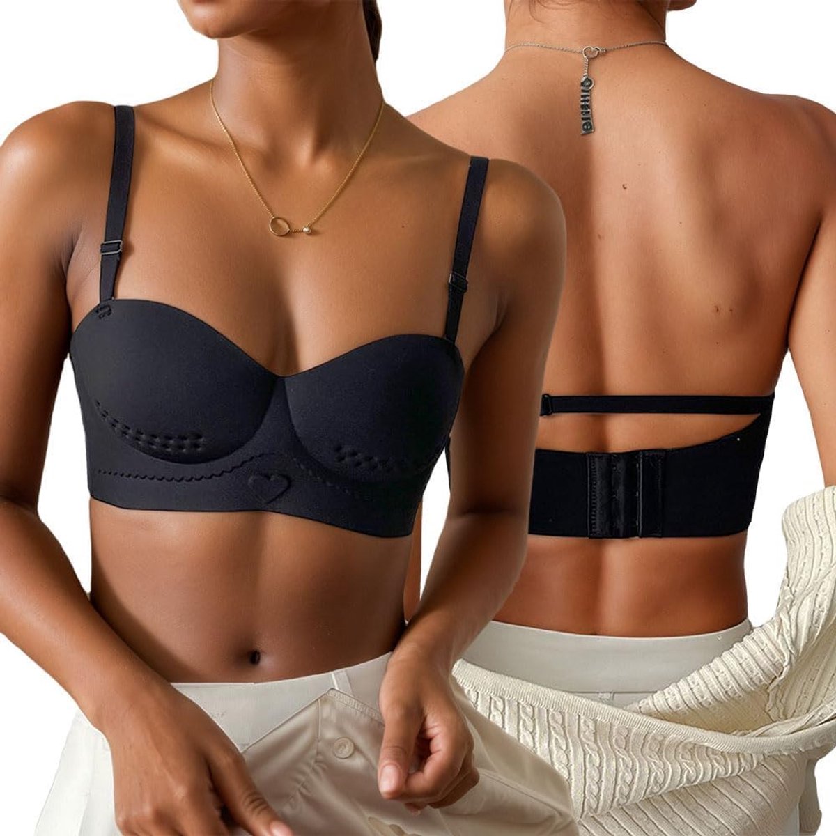 Beha voor dames, onzichtbare beha, blote rug, comfortabel, naadloos, sexy, diepe hals, push-up, zacht, comfortabel, basis met verstelbare bandjes