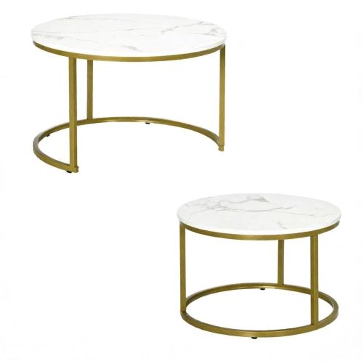 Rolipo Salontafel set van 2 - ø 74/59 cm - Hoogte 38/46 cm - Bijzettafel Rond - Salon Tafel Industrieel - Tafelblad Hout - Goud/WIT Marmer
