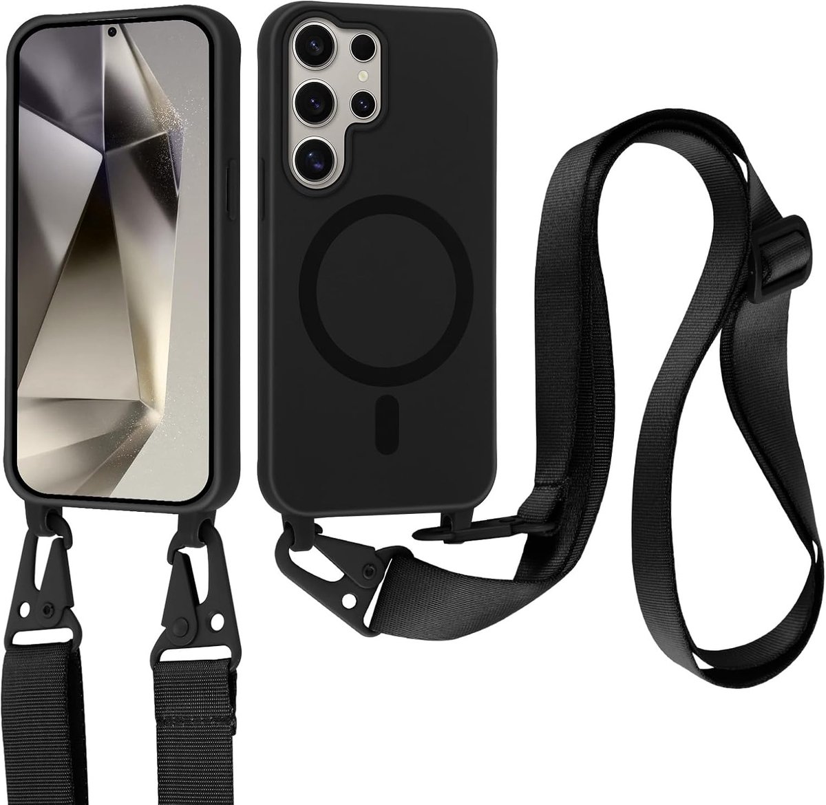 Voor Samsung Galaxy S24 Ultra met Lanyard, siliconen verstelbare riem, draagbare schokbestendige schouderriem voor Samsung S24 Ultra, zwart