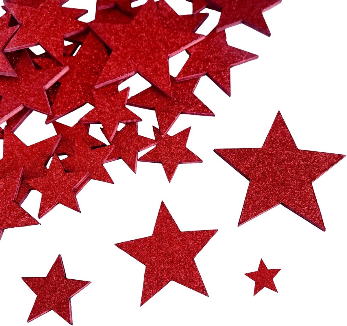 50 stuks houten sterren, strooidecoratie, Kerstmis, glitter, sterren, decoratie, 4 maten, rood, kleine houten sterren om te knutselen, kerststrooidecoratie, sterren, houten confetti voor