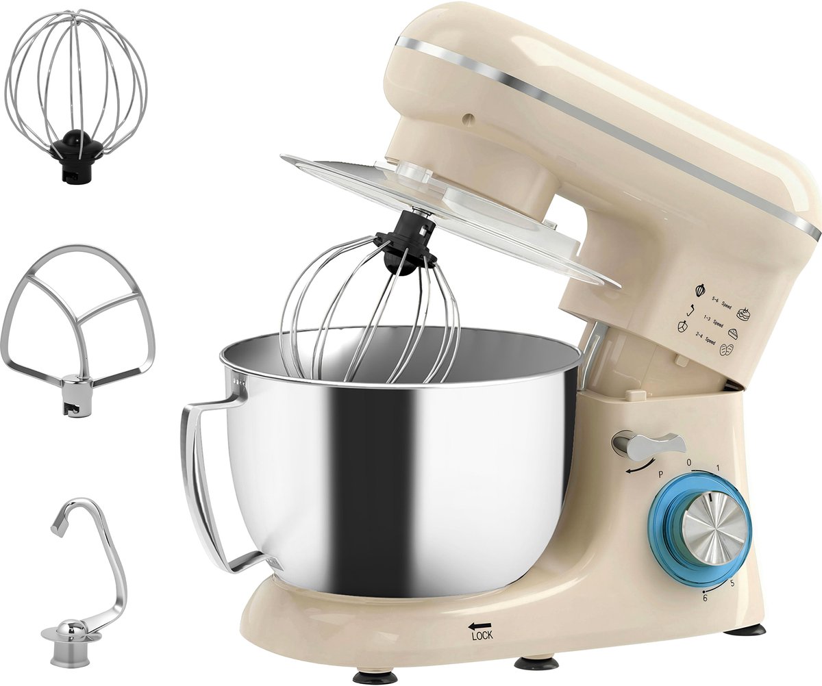 Keukenmachine 1300W Beige - Keukenmixer met 4,5L RVS Mengkom - 6 Snelheden met Pulsfunctie - Kneedmachine met Deeghaak, Garde en Klopper