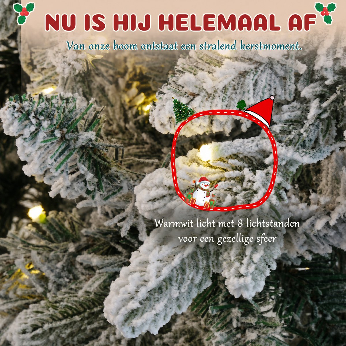 Arvioo kunstkerstboom‑180cm‑sneeuw‑voorverlicht‑warmwit‑LED‑houten voet‑PVC‑PE – foto 3