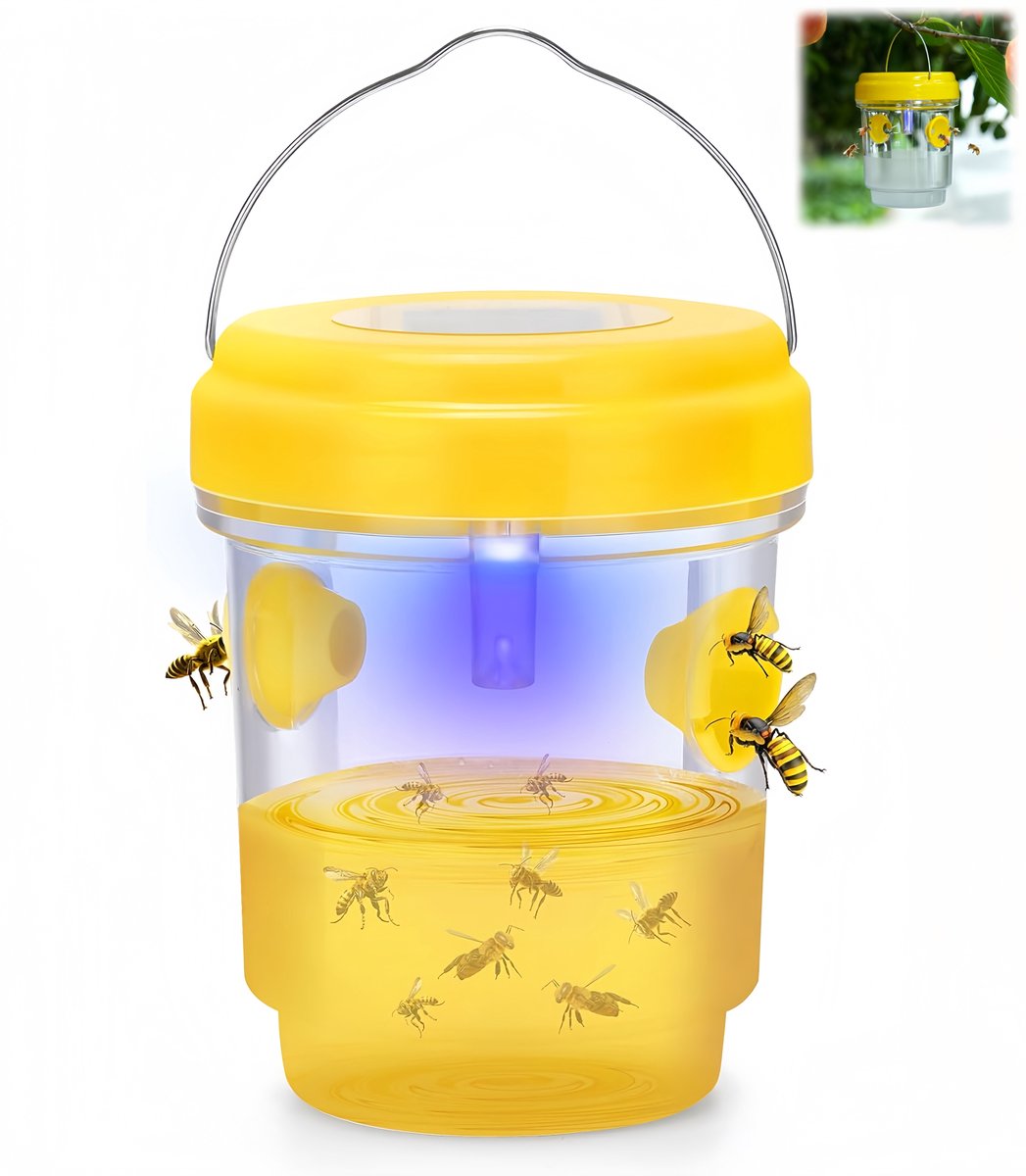 1 stuk - zonne-energie fruitvliegval - insectenval - wespenval - vliegenval - zonnepaneel - ophangbaar - 9,2*9,2*11,8 cm - tuin, boomgaard, fruitbomen - geel