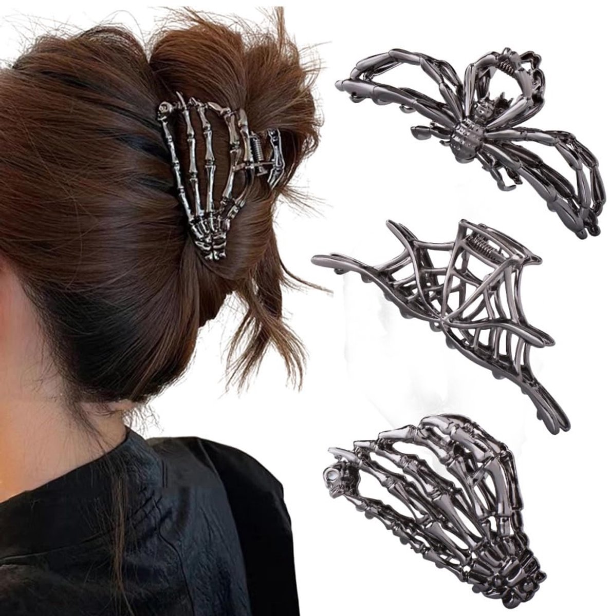 3 Pcs metalen haarklemmen voor Halloween (dames & meisjes) – Grote klemmen in donkergrijs metaal (gunmetal) met spinnenweb- en skelethandmotief – Stoere - griezelige haaraccessoires voor dik en fijn haar