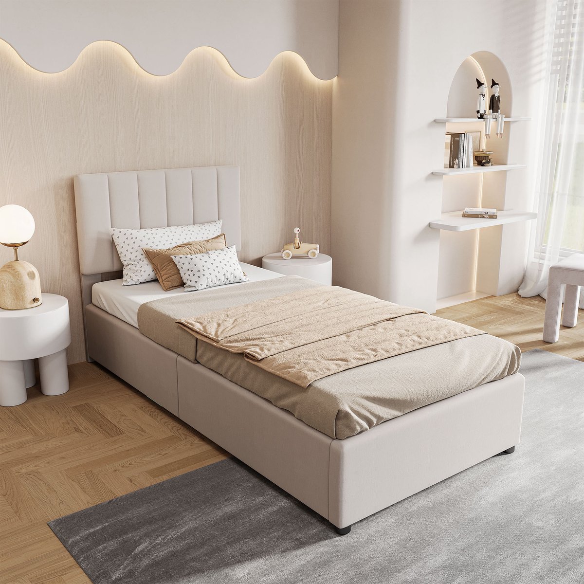 Yelenaro Kinderbed 90x200 cm, eenpersoonsbed met hydraulische opbergruimte, gestoffeerd bed met lattenbodem en hoofdeinde, linnen, beige, zonder matras