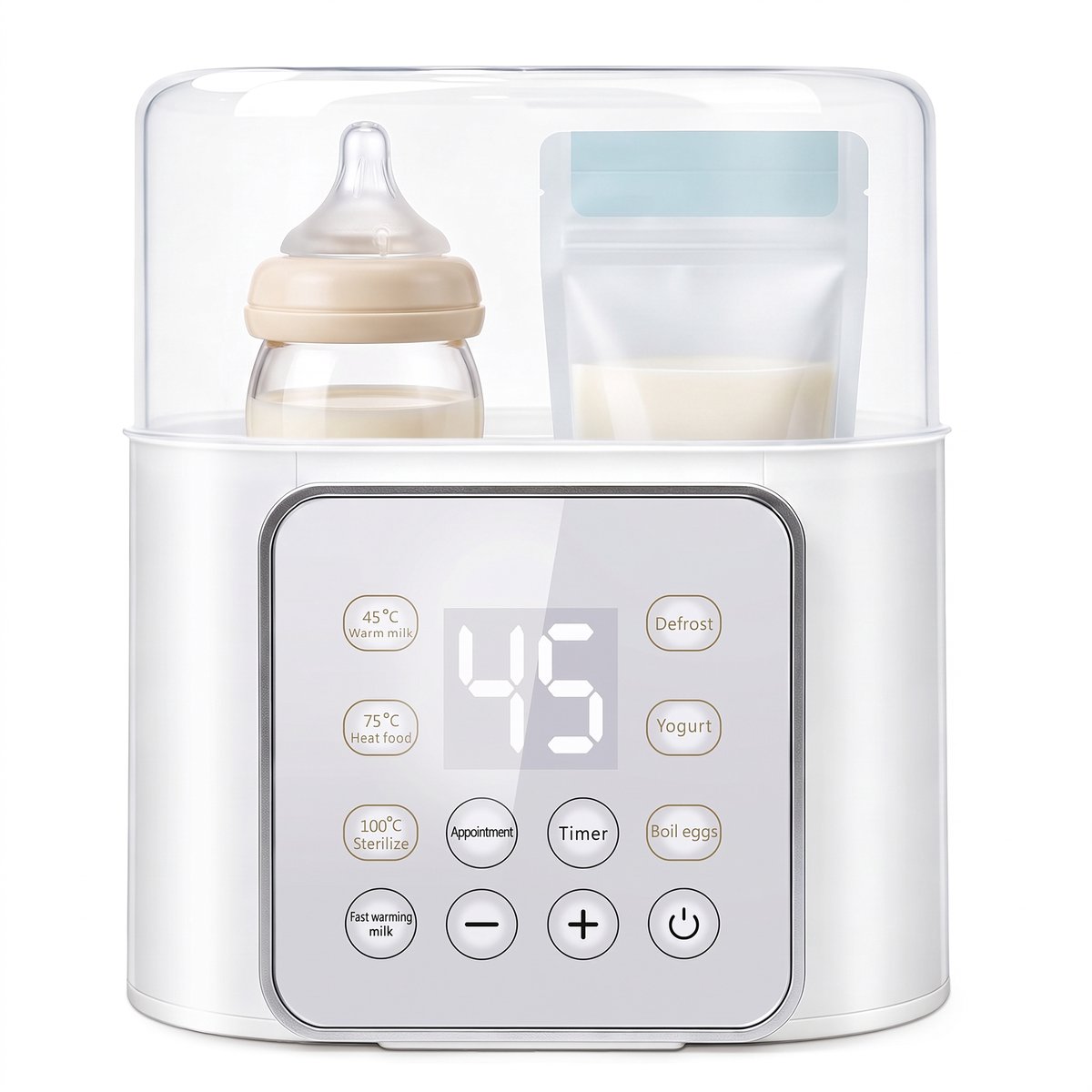 Digitale flessenwarmer voor 2 flessen - 10-in-1 babyflesverwarmer met 100 °C stoomsterilisatie, 24-uurs warmhouden, timer en ontdooien - 220 W - BPA-vrij PP - Wit - Voorkomt droogkoken - Melkbereiding, ontdooien, eieren koken - Voor 2 flessen