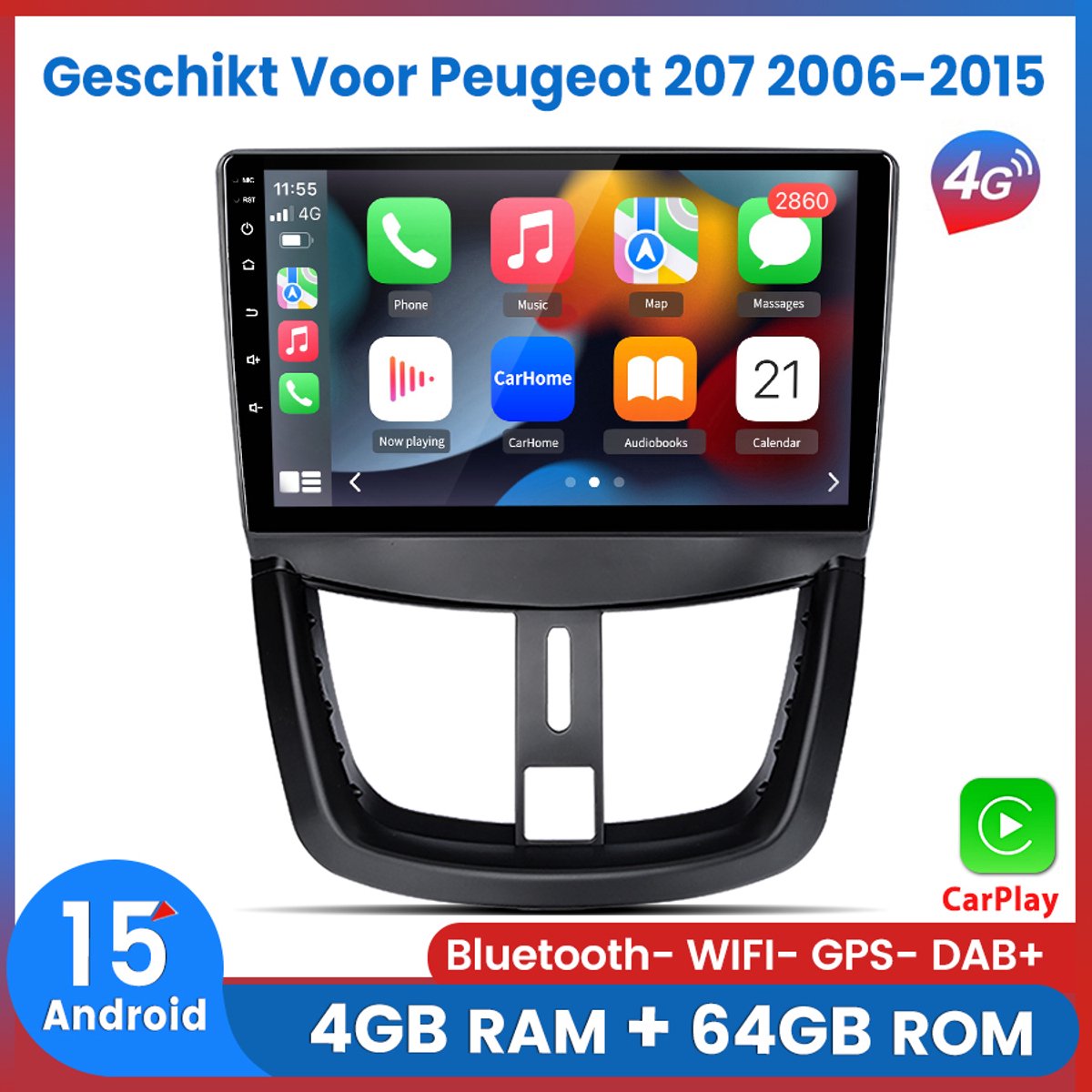Awesafe 8-Kern 4+64GB Autoradio - Geschikt Voor Peugeot 207 2006-2015 - Draadloze Carplay Android Auto - Android 15.0 Systeem - 9 Inch Touchscreen - GPS Navigatie 4G WiFi Bluetooth Radio Scherm - 2007 2008 2009 2010 2011 2012 2013 2014