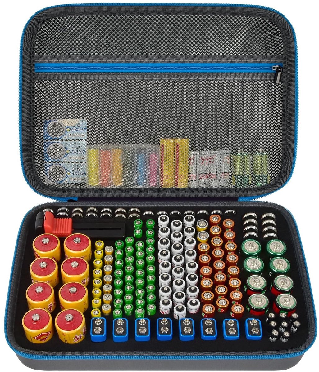 Batterij Organizer Opberghouder Case Box met Tester Checker BT-168. Houdt 225 batterijen AA AAA C D cel 9V 3V Lithium (Blauw, Large)