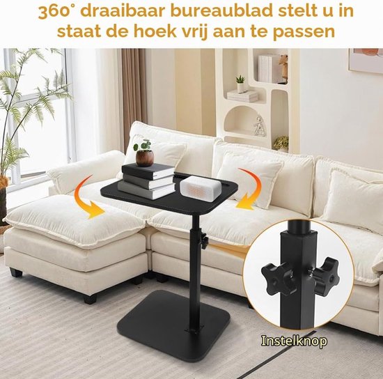 Bijzettafel C-vorm, 360° draaibaar en in hoogte verstelbaar banktafel, salontafel, woonkamertafel, koffietafel, zijtafel, bedtafel voor slaapkamer, bed, bed en kleine ruimtes (zwart) — afbeelding 4