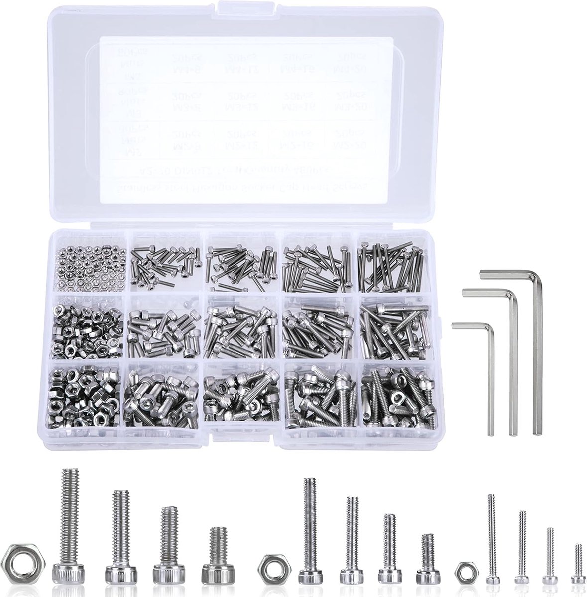 Bouten en moeren M2 M3 M4 schroeven van roestvrij staal knop zeskantkop socket assortiment set met dikke opbergdoos 480 stuks
