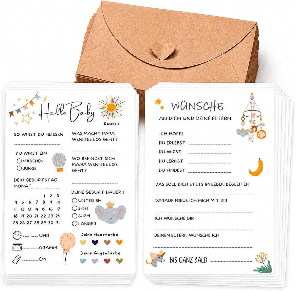 20 stuks babyshower spelkaarten, babyfeestkaarten om te vullen