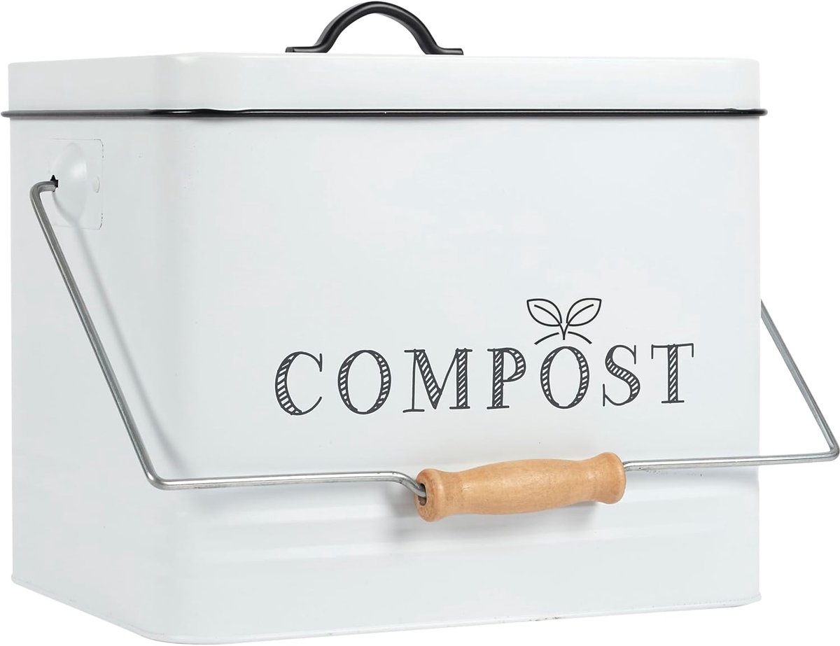 10L Metal Compost Bin, Painted metal compost bin, Vintage look, Large 10L capacity, Lid with filter, Practical carrying handle