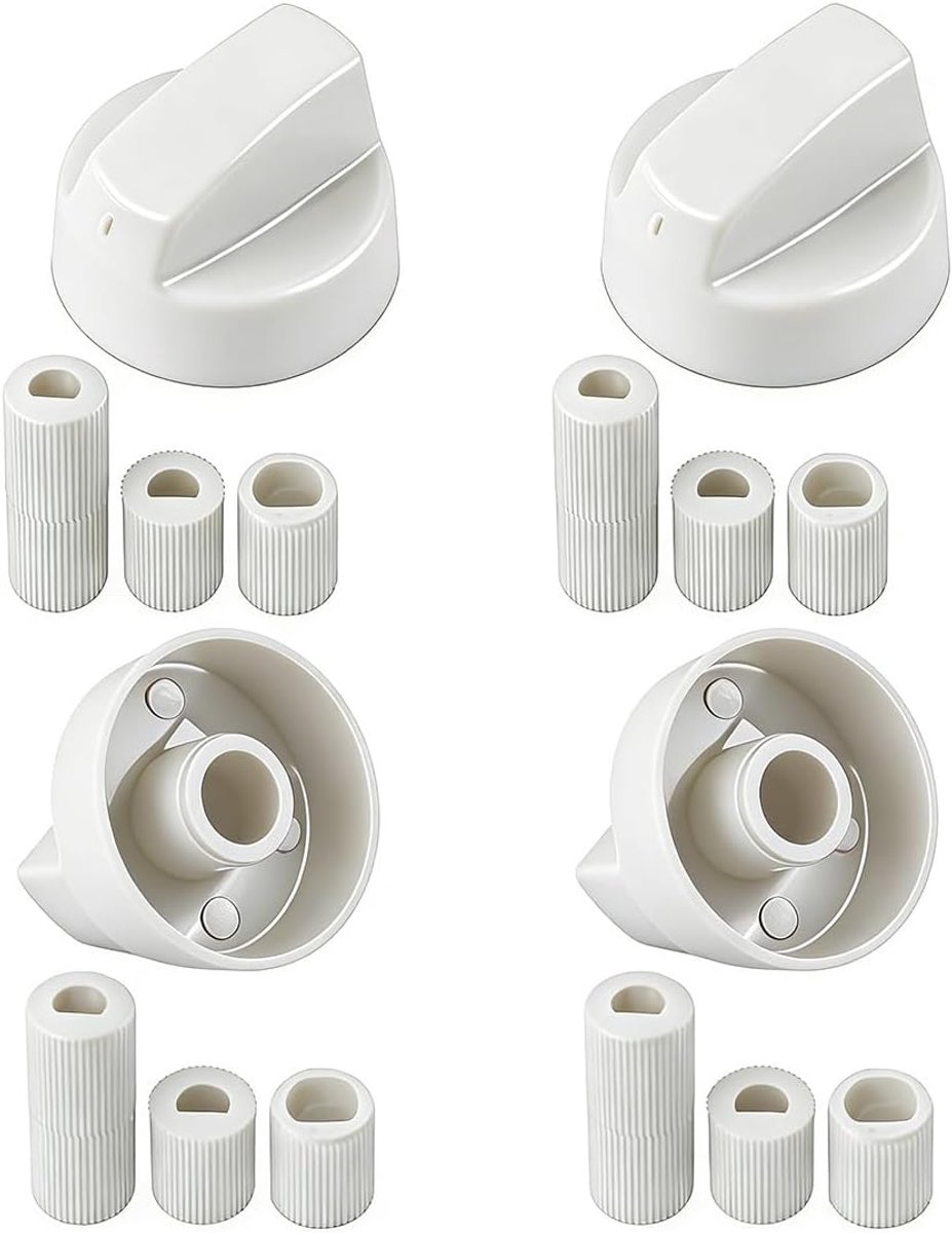 Draaiknop set (verbeterde versie), met 6 mm, 7 mm en 8 mm adapters, draaiknoppen, kookknoppen, schakelaar voor bijna alle fornuizen, kookplaat, oven, gasfornuis (zwart) (wit/4 stuks