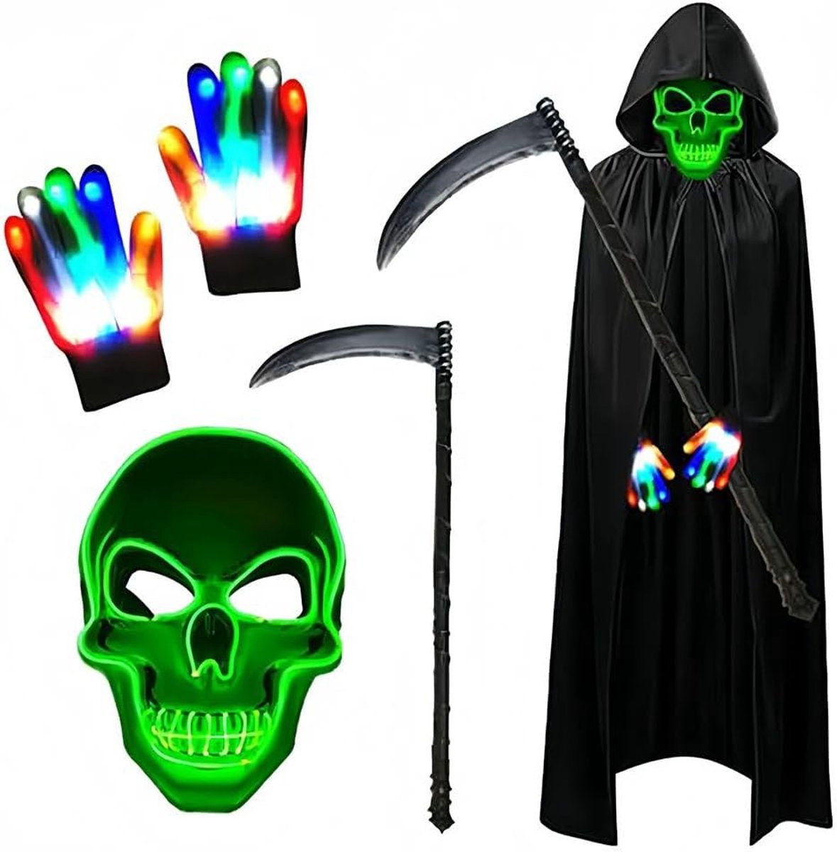 Kostuumset, Halloweenkostuum jongens, Sensenman-kostuum volwassenen, lichtgevende maskerset met Sensemann cape en zeis en glow handschoenen voor feest, carnaval, cosplay