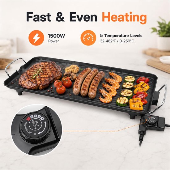 Elektrische tafelgrillplaat met antiaanbaklaag, extra groot grilloppervlak met olie-opvangtuit, elektrische grill voor 1-6 personen, voor outdoor, camping, achtertuin, 68 x 28 cm — afbeelding 3