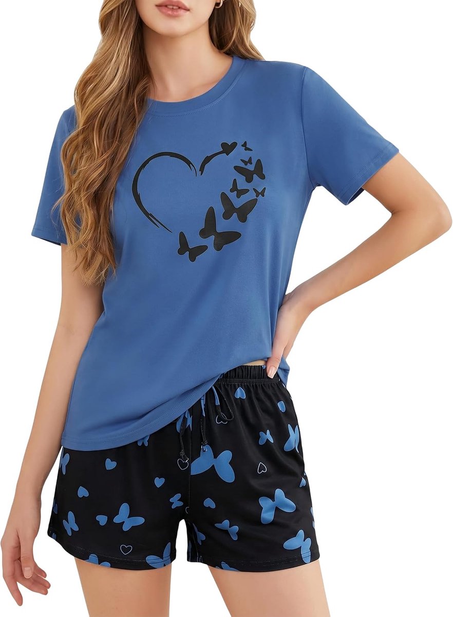 Korte pyjamaset van katoenmix, zomernachtkleding, tweedelig met printmotief, shirt met korte mouwen en shorts, loungewear set voor vrouwen