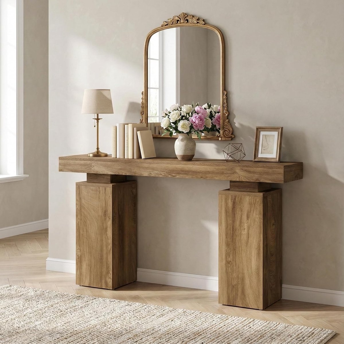 Consoletafel, lange banktafel, entreetafel met versterkte poten, houten haltafel, entreetafel voor woonkamer, smalle salontafel, 160 x 30 x 7 cm, houtnerf