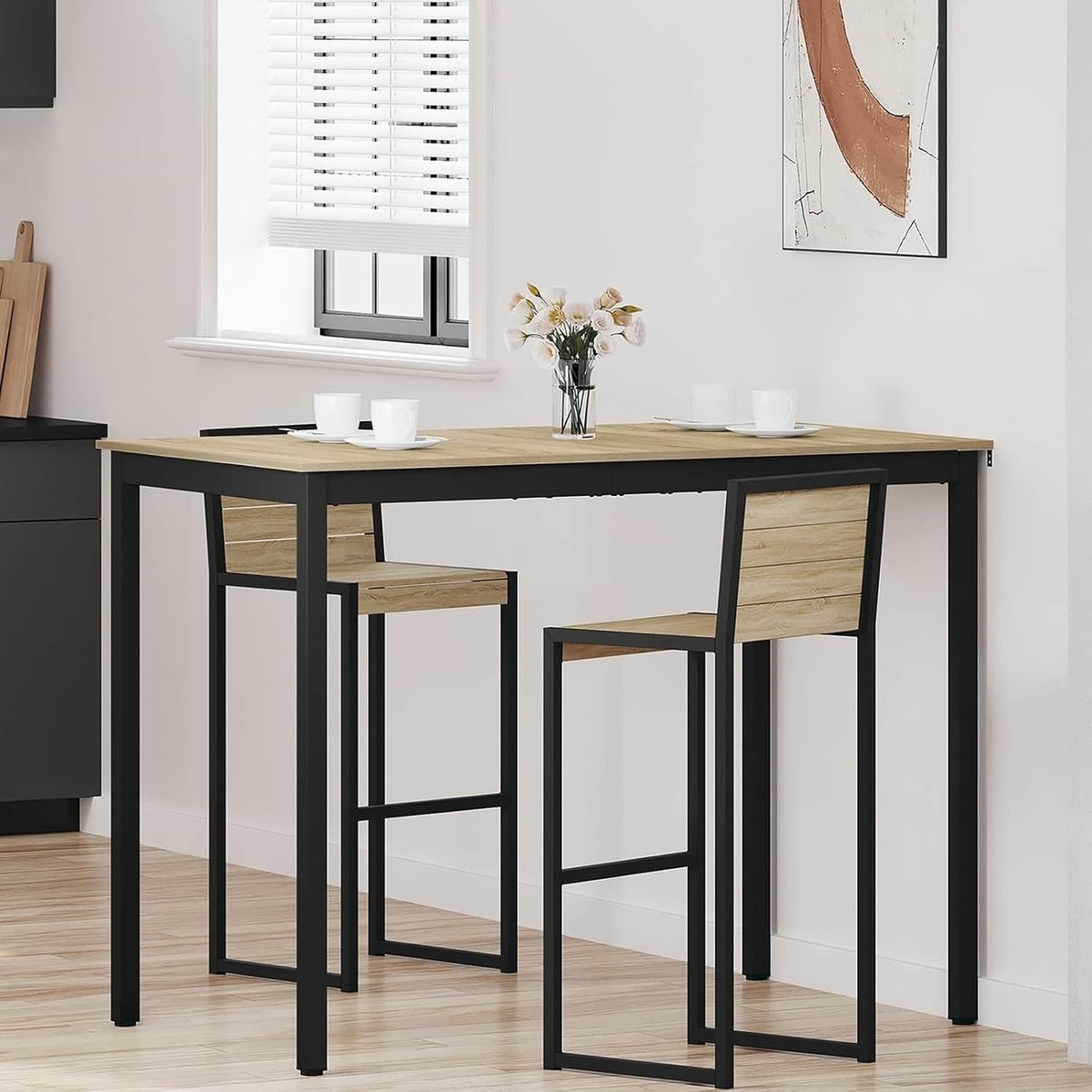 Eettafel van hout met rechthoekig tafelblad en stevige metalen poten voor keuken en eetkamer, eenvoudige montage voor twee personen
