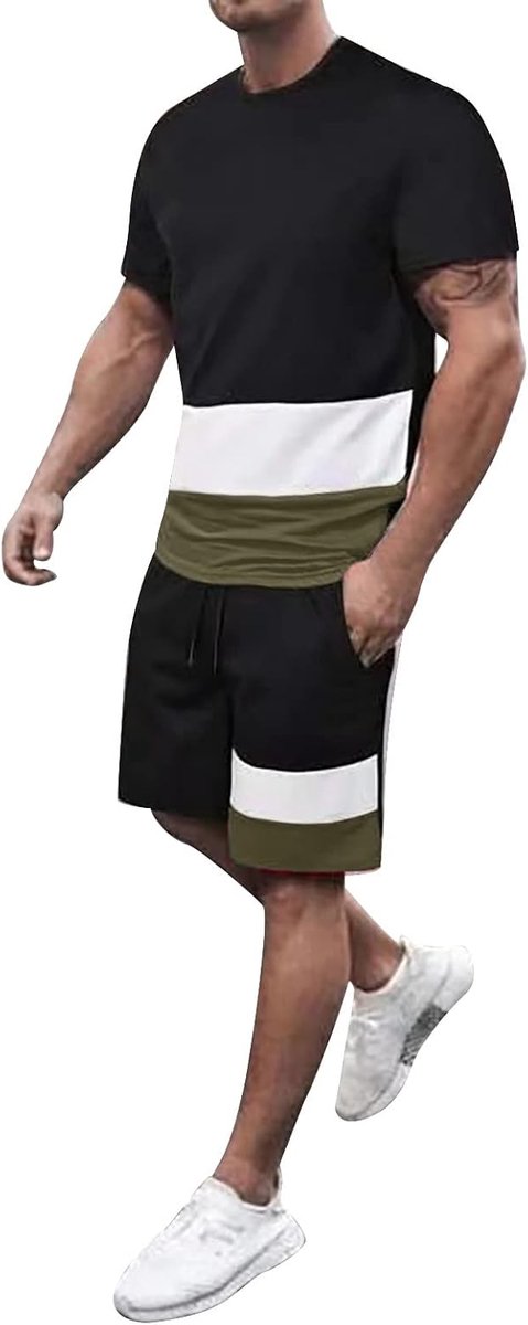 2-delige set voor heren, katoen, T-shirt en shorts, korte mouwen, zomer, casual, zacht, comfortabel, licht, ademend, casual, sport, mode, fitness, vakantie, A143