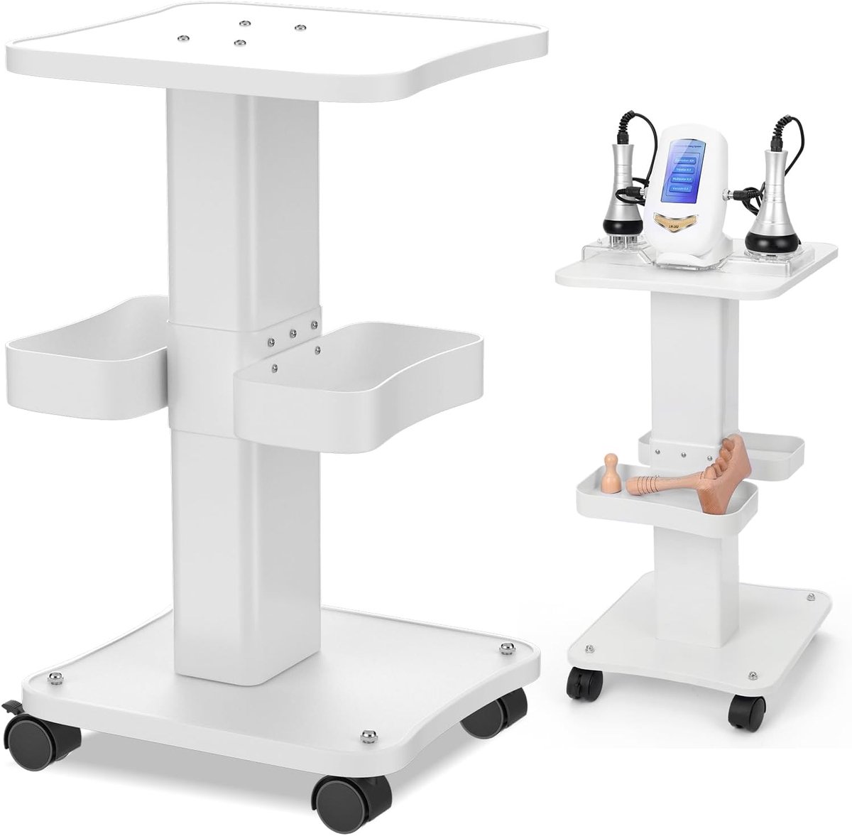 Estheticiankar met wielen en 2 dienbladen, 4-laags salon- en spa-uitrustingstrolley, schoonheidsmachinewagen, belastbaar tot 61 kg