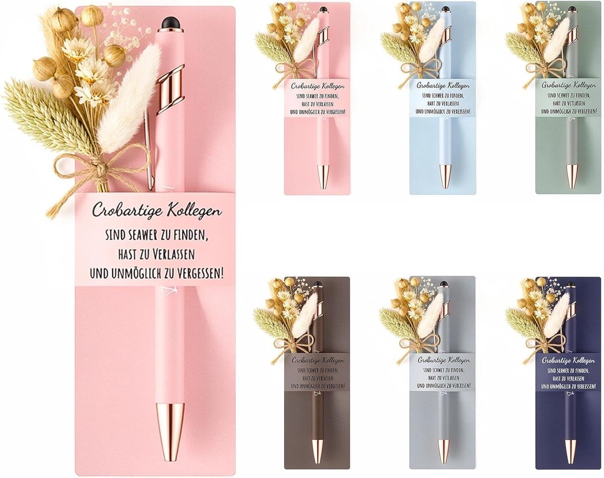 6 sets Thanksgiving cadeautjes voor collega's, balpen touchscreen, cadeaupennen met gravure, boeket gedroogde bloemen en bedankkaart, voor collega's en teamleden (C)
