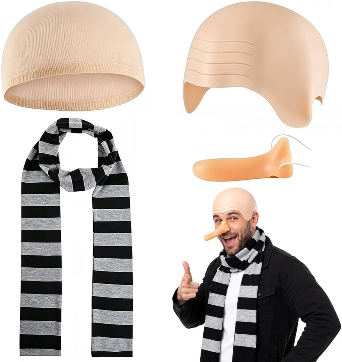 Muts, 4 stuks, dikke leren schedelpruik, kale pruik van latex met sjaal, lange neus, pruikkap, Halloween, verkleedkostuum, voor themafeest, cosplay, hoed