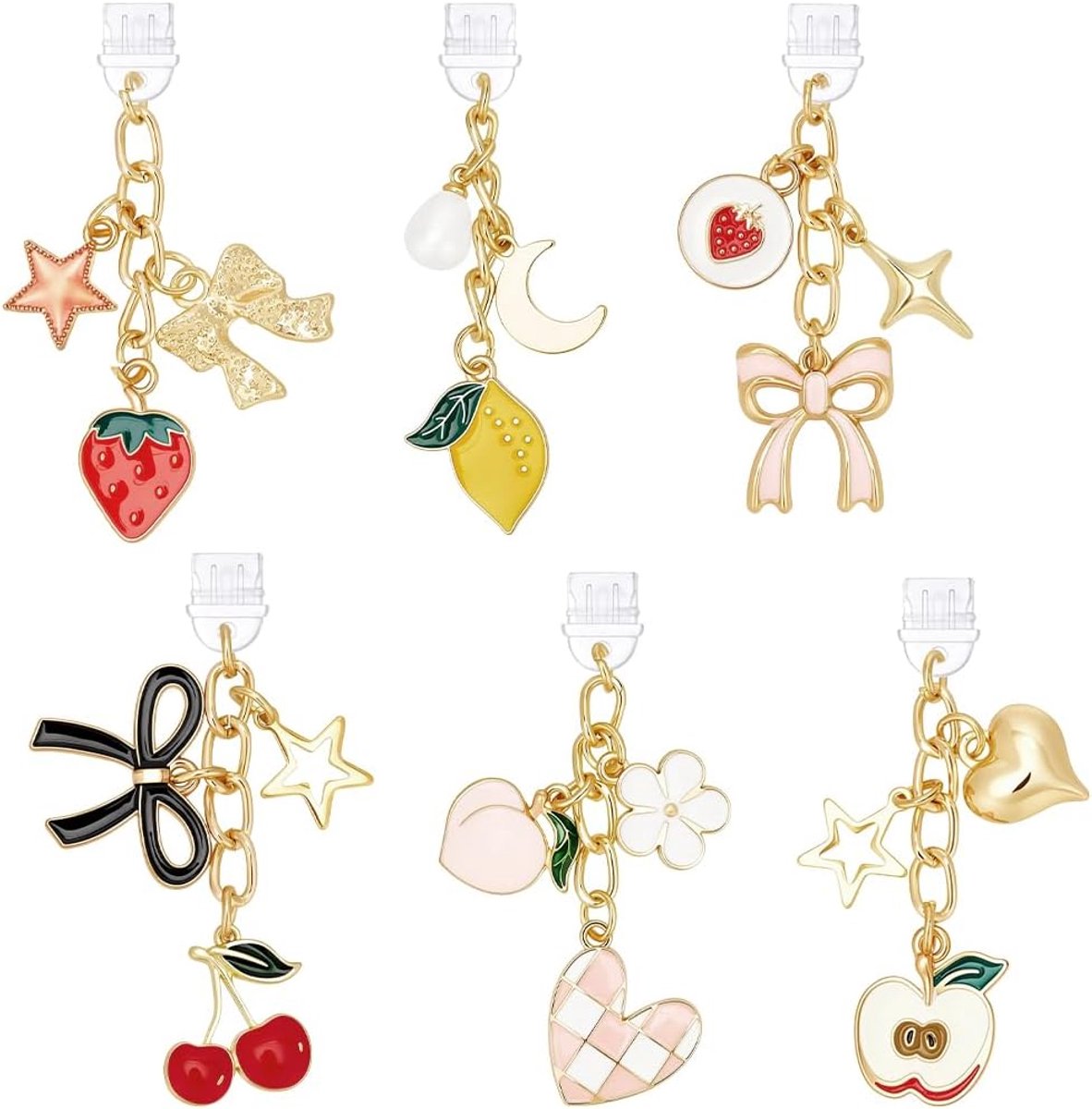 6 stuks type C stofplug hanger voor schattige bedels voor e-reader oplader afdekking decoratie met strik fruit aardbeien en kersen laadaansluiting afdekking voor boekenliefhebber