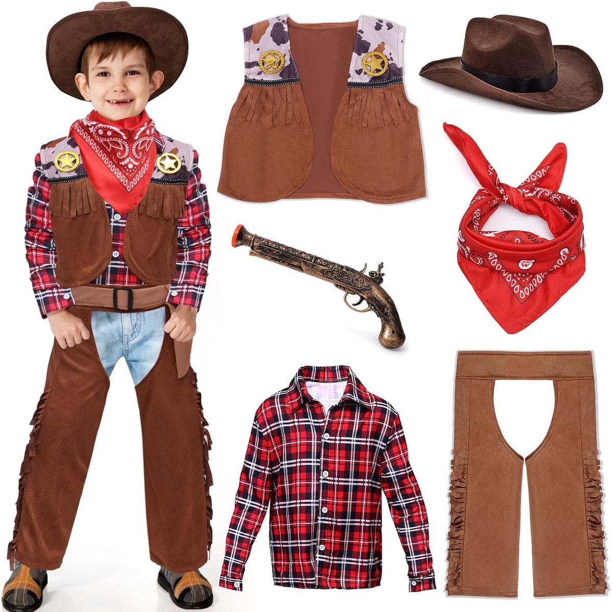 Vamei Cowboykostuum voor kinderen, westerse cowboy-accessoires, kinderen, met cowboyvest, cowboyhoed, kinderhalsdoek voor carnaval, cosplay, Halloween, kinderen, 3, 4, 5, 6, 7, 8, 9, 10, 11, 12 jaar