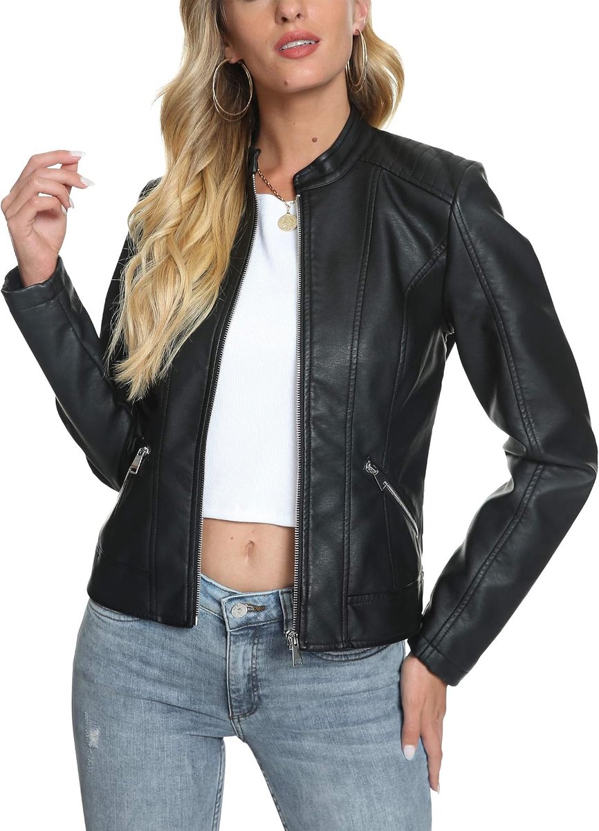 Zwarte Faux Lederen Jassen Voor Vrouwen Motorfiets PU Moto Biker Uitloper Jas
