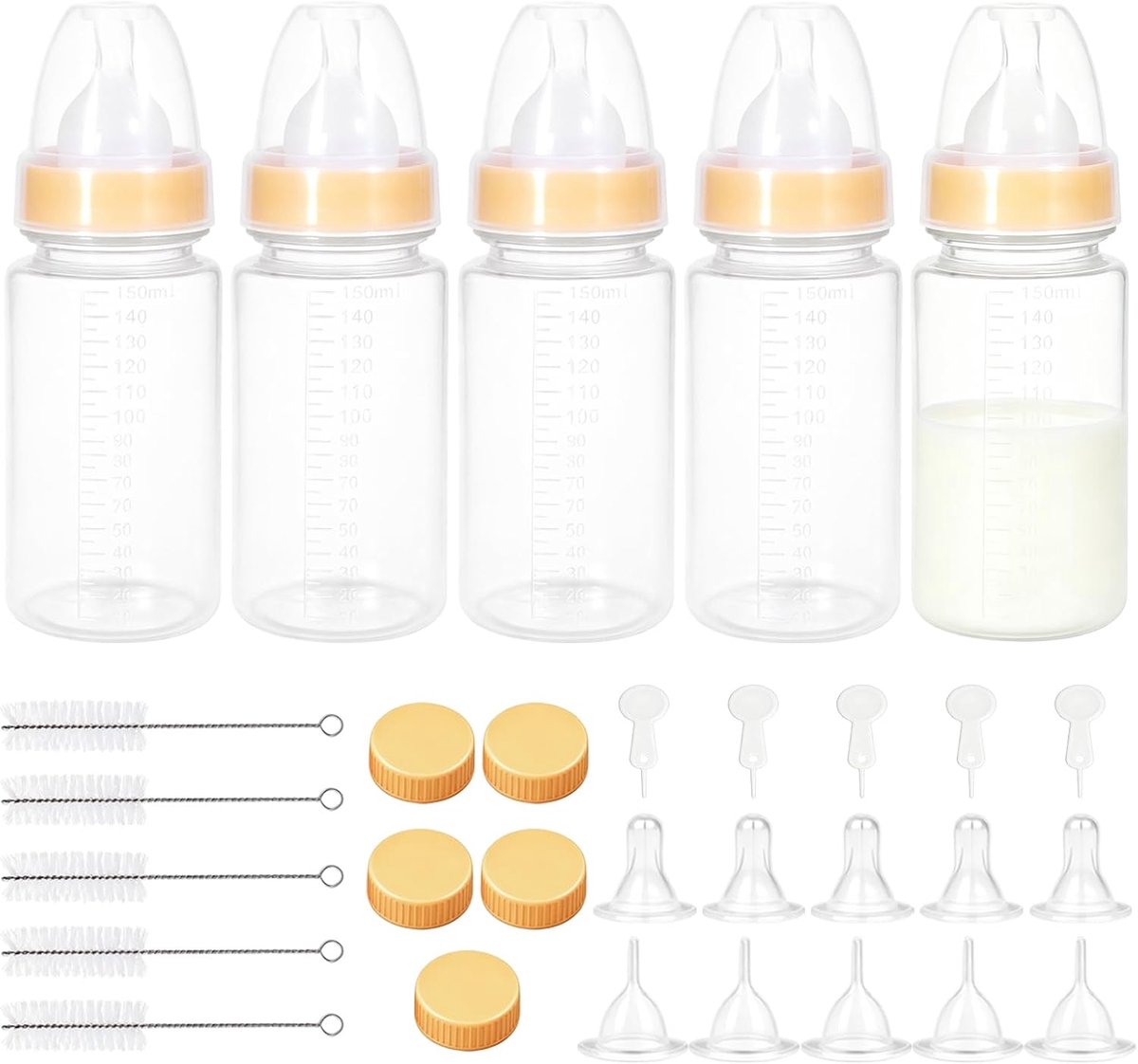 Set van 5 fokflessen, kat, voor puppy's en kittens, 150 ml, voedermelkflessenset met meetschaal voor kunstmatige opvoeding van pasgeborenen, BPA-vrije melkfles met reinigingsborstel en zuiger