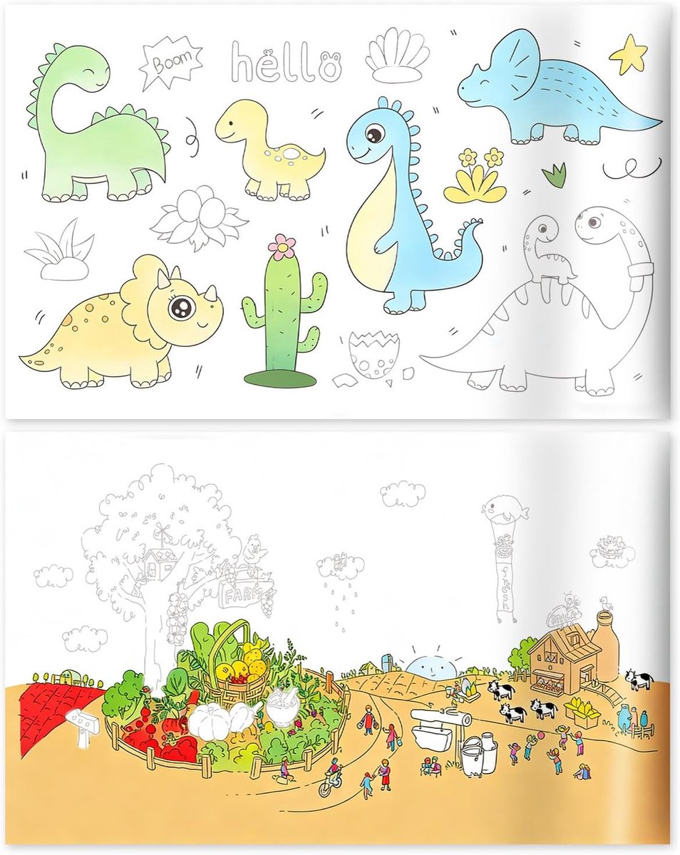 2 Stuks Gigantische Kleurrollen voor Kinderen, 300x30cm Teken- en Kleurpapierrol met Diverse Patronen voor Peuters Jonge Kunstenaars om Zelf te Tekenen te Knutselen (Dinosaurus- en Parkthema)