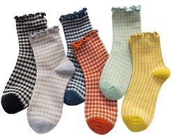 6 paar - Sokken - Sokken met ruches - Geruite sokken - Antislip Sokken Dames - Zomersokken - Sportsokken - Huissokken - Casual sportsokken - Damessokken met ruches - halfhoge sokken - zacht - ademend - zwart, geel, oranje, grijs, groen, blauw