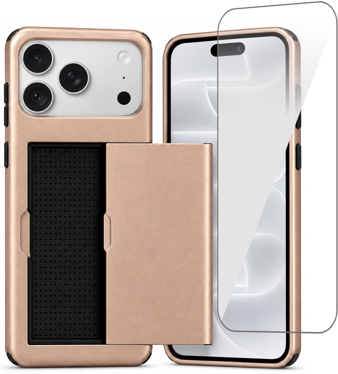 Hoesje met Pasjeshouder geschikt voor iPhone 18 Pro / 17 Pro – Back Cover Slide Case – Roségoud – Met Screenprotector Glas