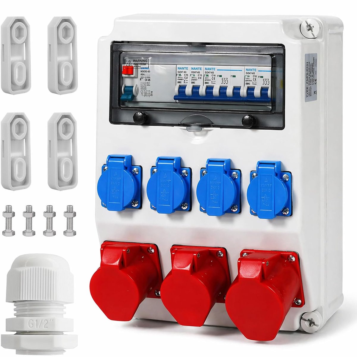 Bouwstroomverdeler 4 x 230 V Schuko - 2 x CEE 16 A + 1 x CEE 32 A - met FI-schakelaar - ideaal voor bouwplaatsen - ShopVlot