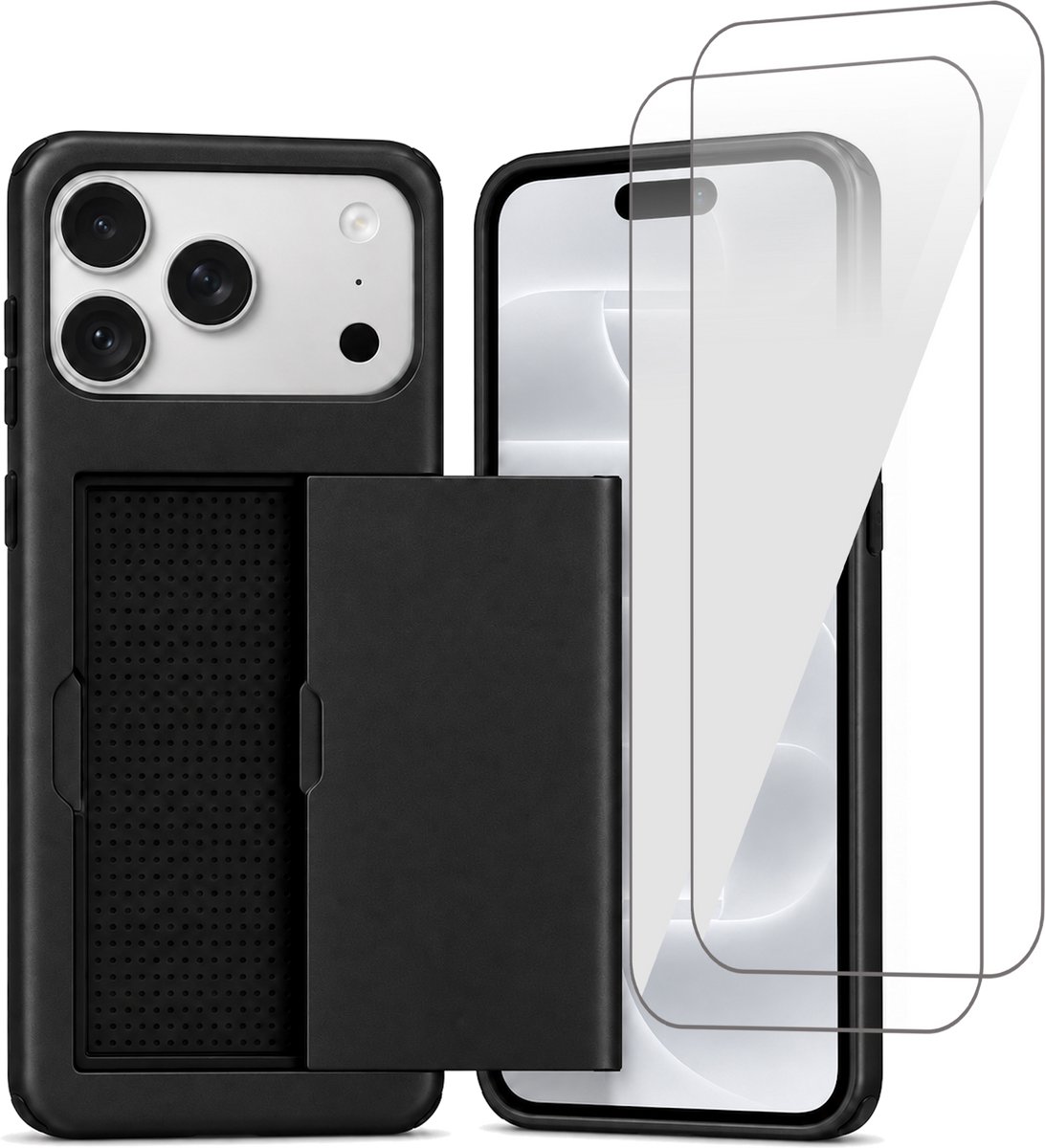 Hoesje met Pasjeshouder geschikt voor iPhone 18 Pro Max / 17 Pro Max – Back Cover Slide Case – Zwart – 2 Stuks Screenprotector Glas