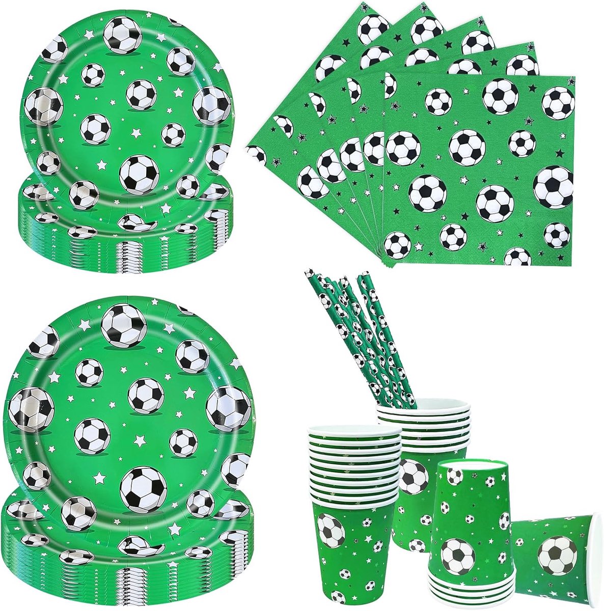 SnelShoppen - 100-delige Voetbal Feest Tafelset voor 20 Gasten - Groene Voetbal Borden, Bekers, Servetten en Rietjes - Ideaal voor Kinderen's Verjaard