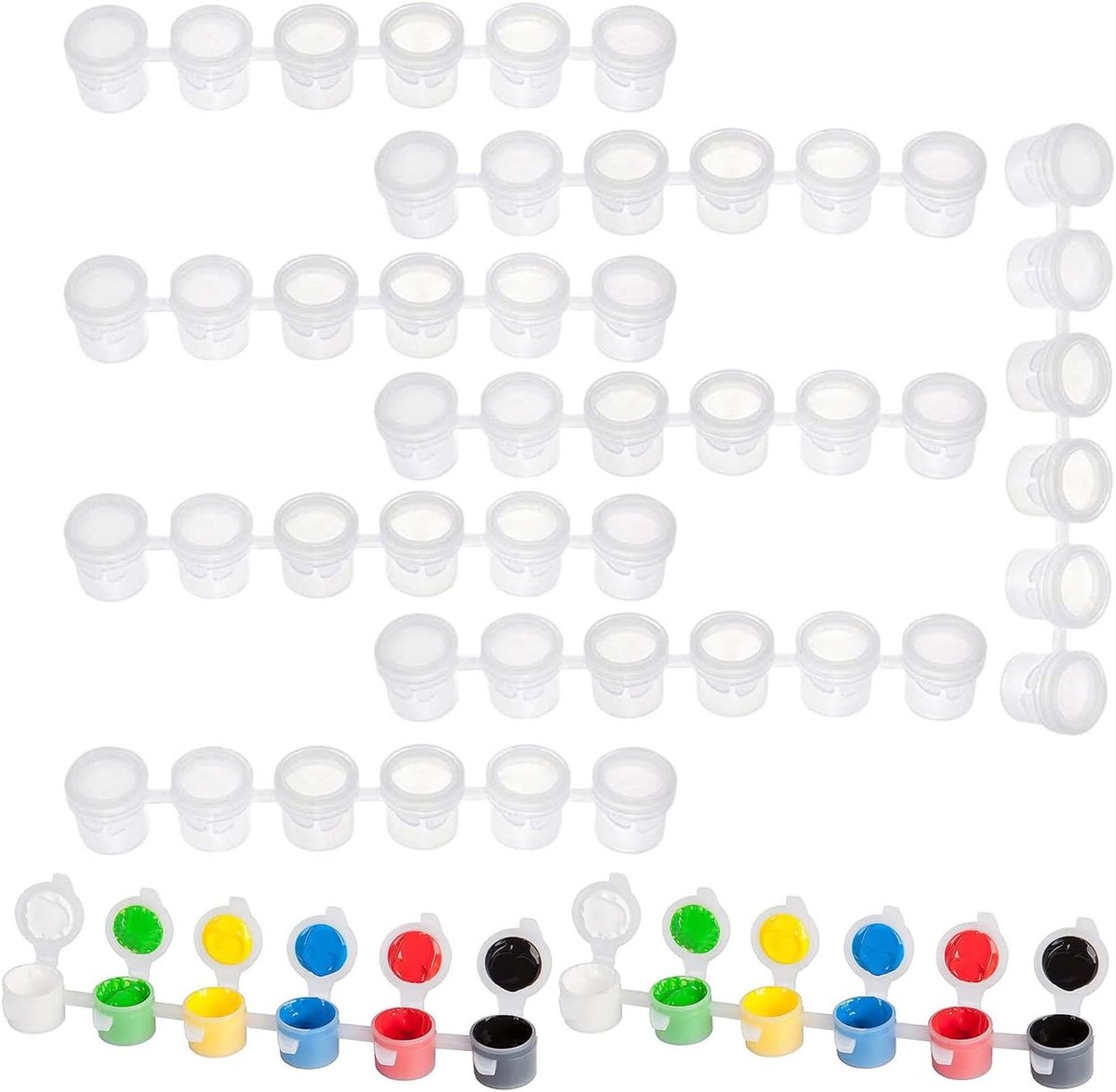 SnelShoppen - 60 Lege Mini Verfbekers met Deksel, 10 Strips Kleurstrips, Transparante Plastic Containers, 5 ml Voor Scholen, Klaslokalen, Schilderen,