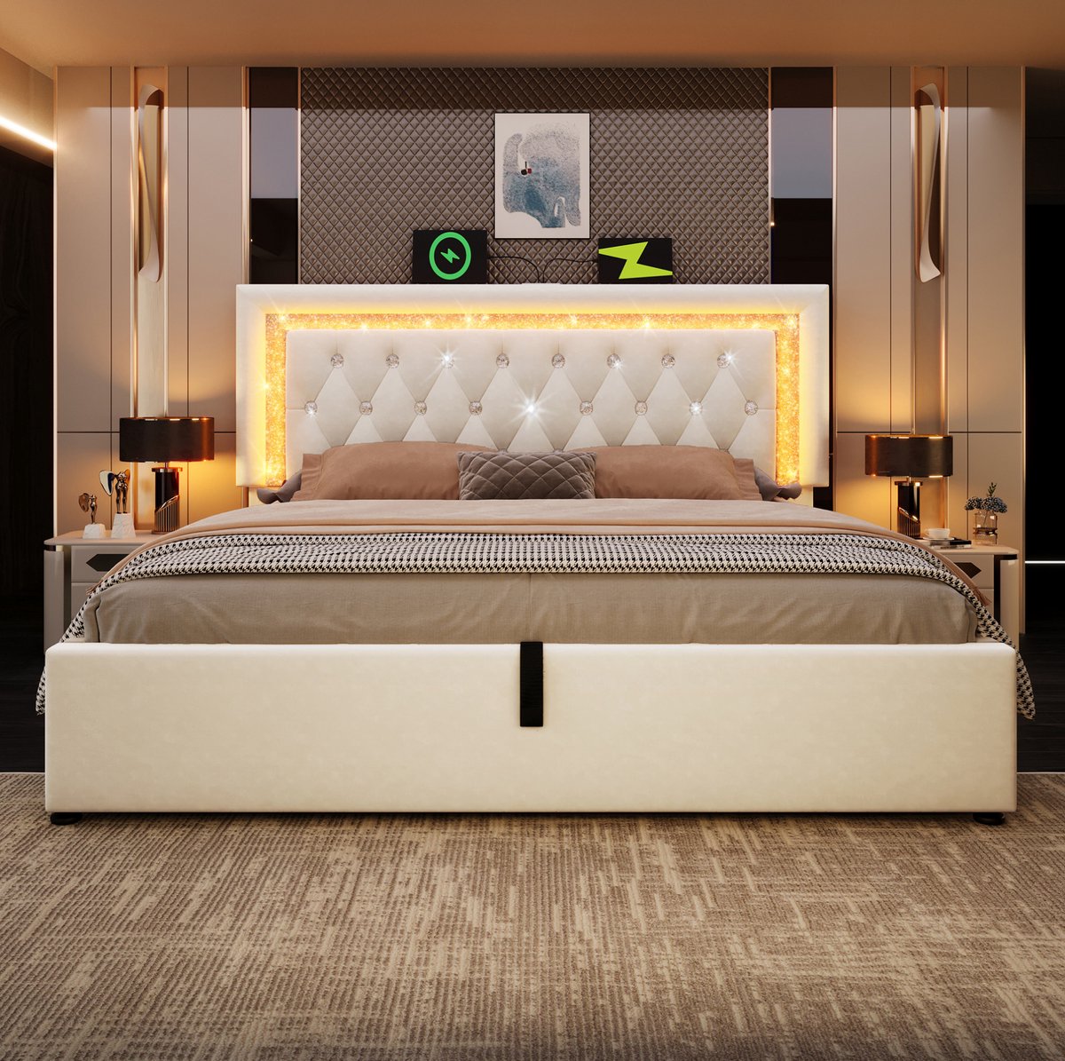 WUVRIE Gestoffeerd opbergbed 140x200 cm met LED, USB en Type-C, matras en lattenbodem, beige