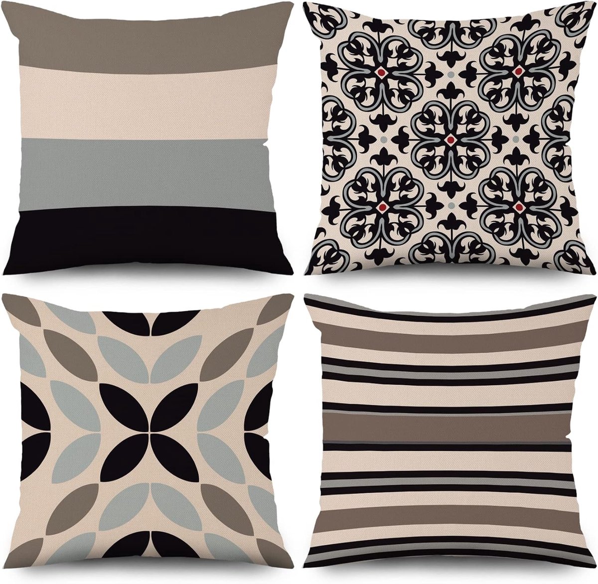 SnelShoppen - Set van 4 Boho Kussenslopen 50x50 cm Geometrisch Gestreept Beige Grijs Zwart Polyester Vlas Textiel voor Bank en Sierkussens