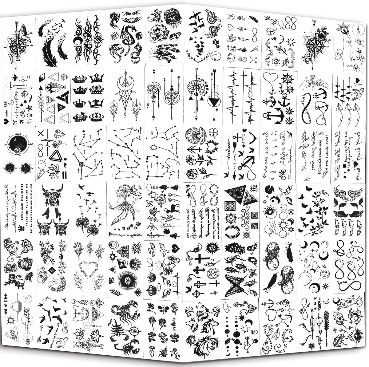 Tijdelijke Tattoos - 60 vellen, Maan Sterren Sterrenbeelden Muziek Kompas Anker Woorden Lijnen Bloemen voor Kinderen Volwassenen Mannen en Vrouwen