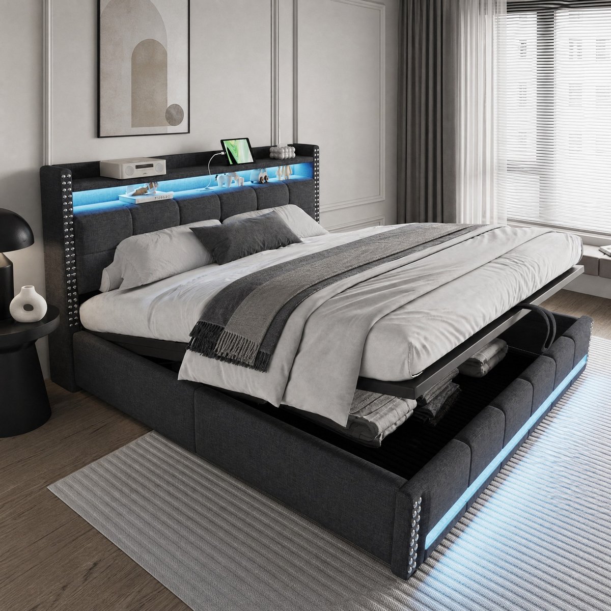 WUVRIE Gestoffeerd bed 180x200 cm met LED, USB, hydraulische opbergruimte en lattenbodem, grijs