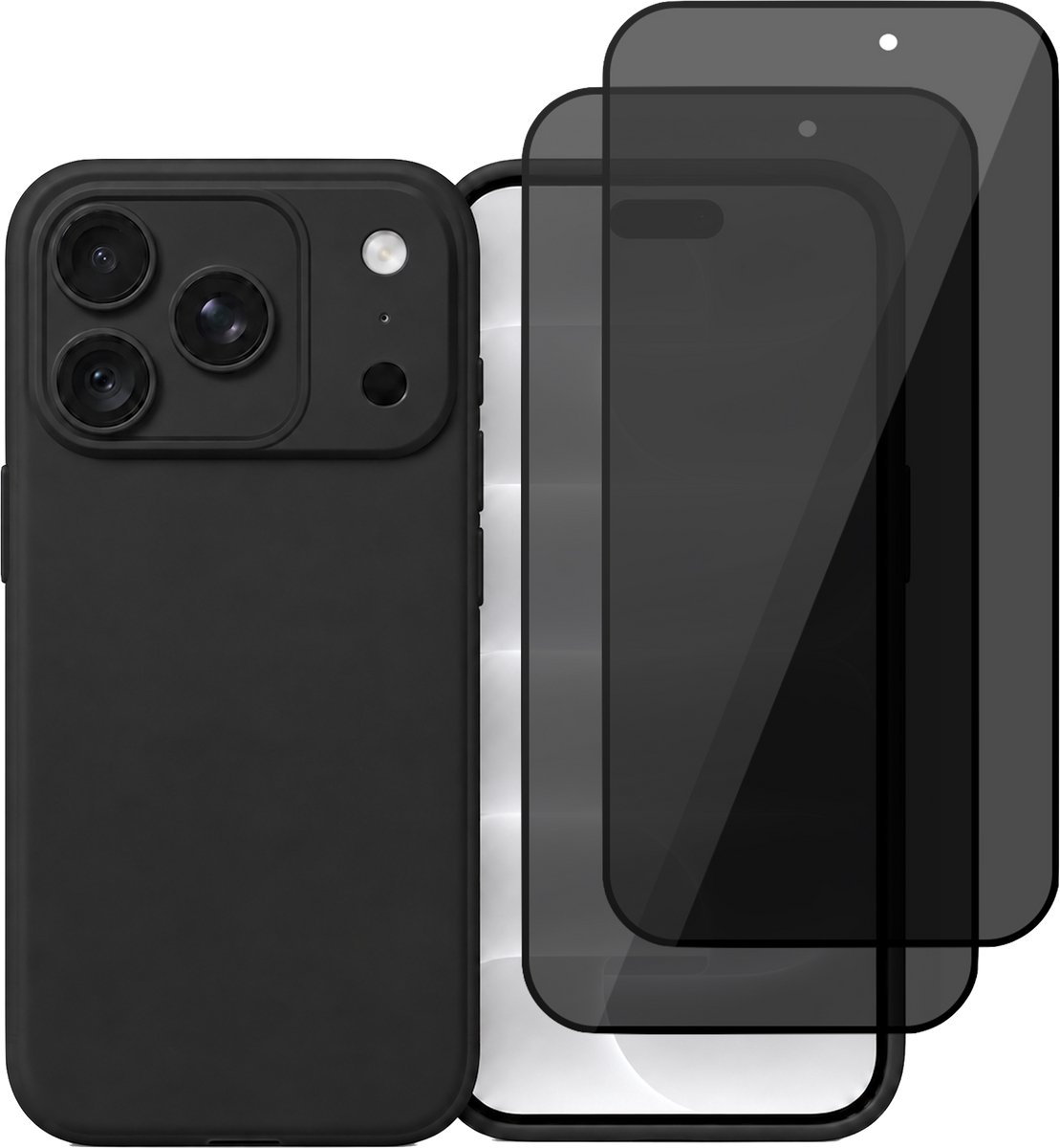 Hoesje geschikt voor iPhone 18 Pro / 17 Pro – MatteShield Back Cover – Zwart – 2 Stuks Privacy Screenprotector Full Cover