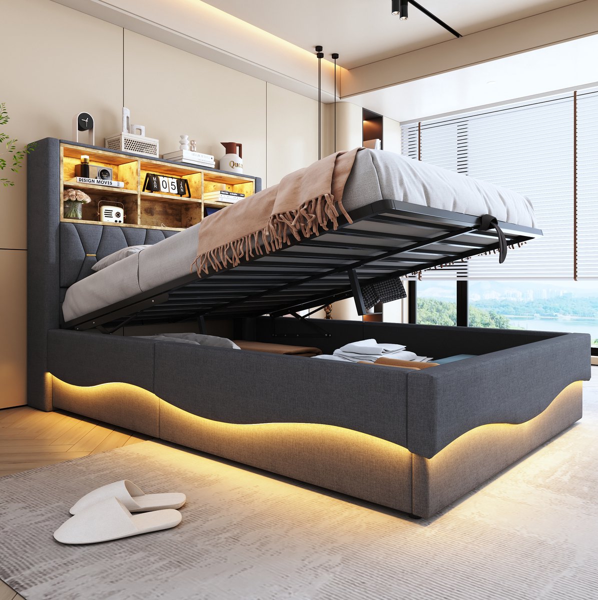 WUVRIE Gestoffeerd tweepersoonsbed 140x200 cm met hydraulische opbergruimte, app-bedienbare LED en USB, grijs