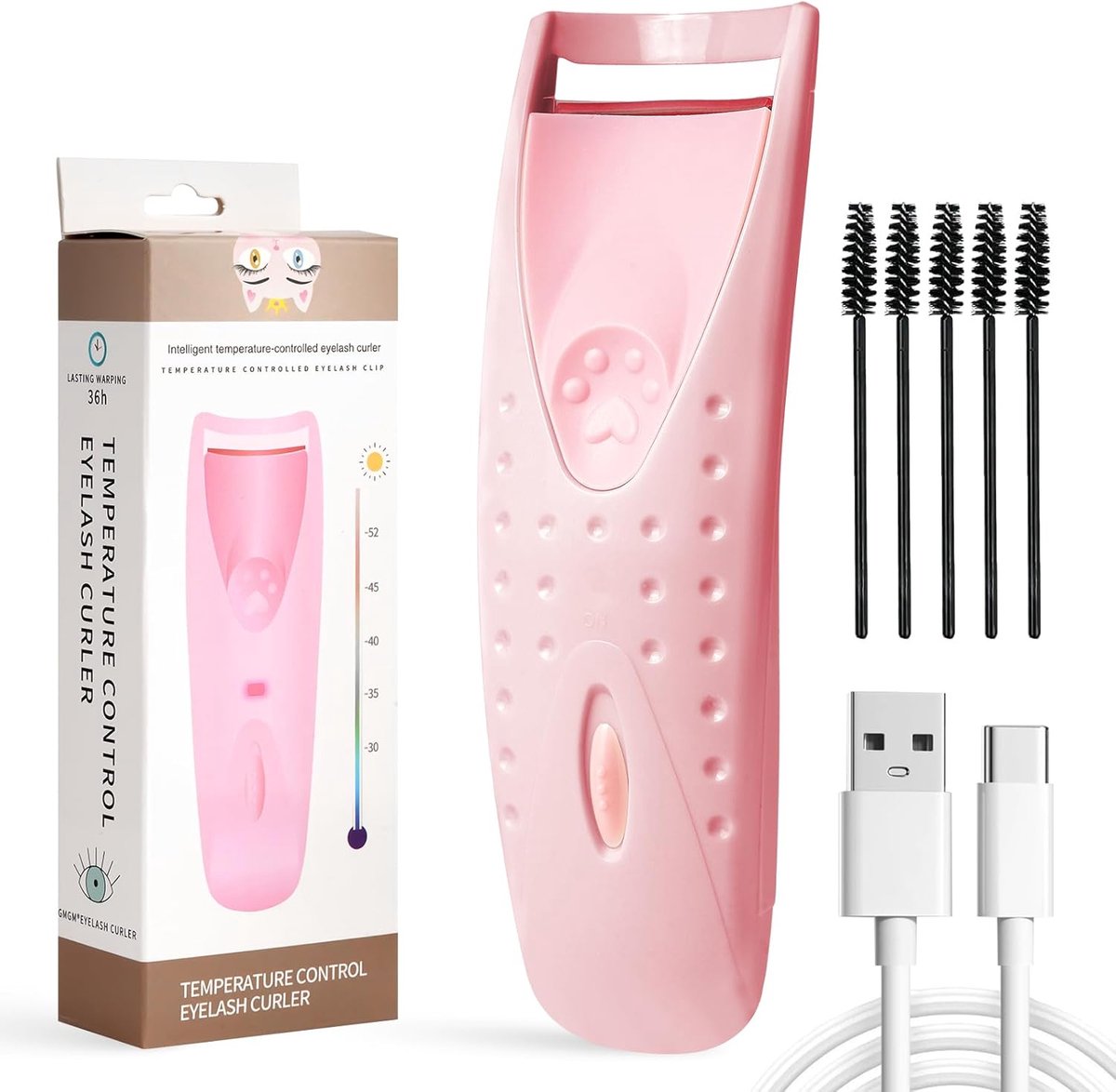 SnelShoppen - Professionele Oplaadbare Thermische Wimperkruller, USB, 5 Borstels voor Vrouwen, Roze, Ideaal voor Feest en Dagelijks Gebruik