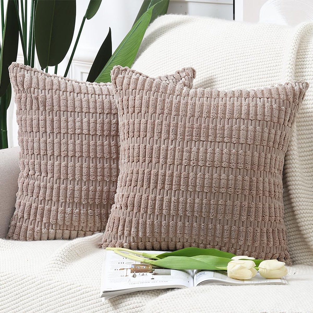 SnelShoppen - Set van 2 Boho Kussenslopen 40x40 cm - Zachte Corduroy Kussenhoezen voor Bank en Slaapkamer - Bruin Gestreept Decoratief Kussen