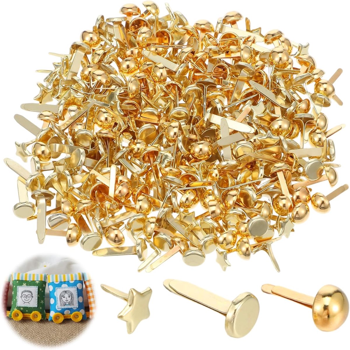 Brads paper fasteners 300 stuks - ronde, ster en vlak - gepolijst messing - ideaal voor scrapbooken - ShopVlot