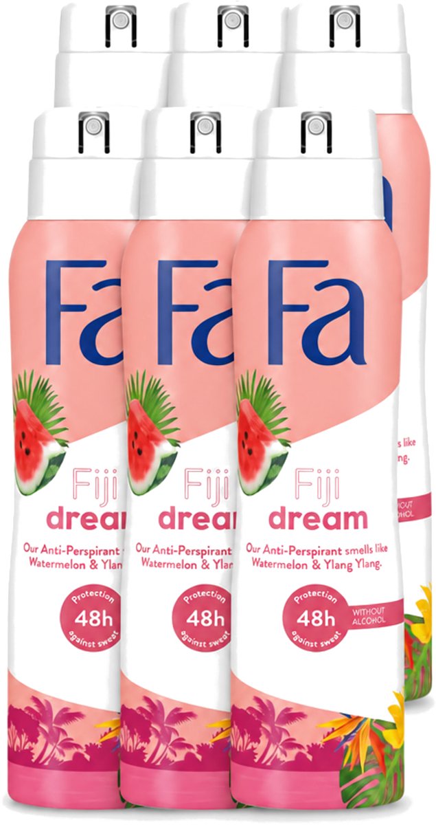 6 x Fa - Deodorant Spray - Fiji Dream - Watermeloen & Ylang Ylang - 48 uur Bescherming - Anti-transpirant - 150 ml - Voordeelverpakking - 6 stuks