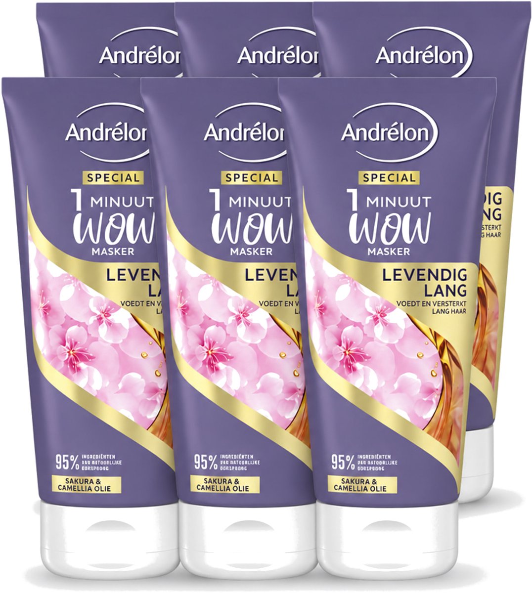 6 x Andrélon - 1 Minuut Wow Haarmasker - Levendig Lang - 180 ml - Voordeelverpakking - 6 stuks