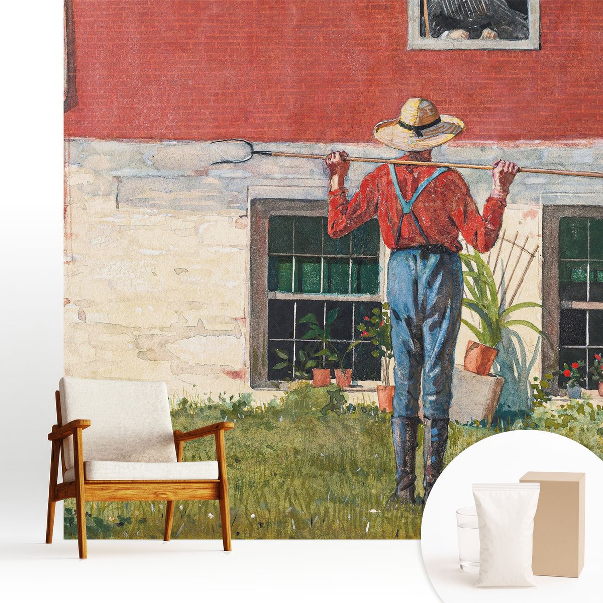 Wallfluent Fotobehang - Grijs Vliesbehang - 250x250 cm - Dorpsscène Fotobehang Vlies - Woonkamer behang Landschappen - Muurschildering - Woonkamer behang